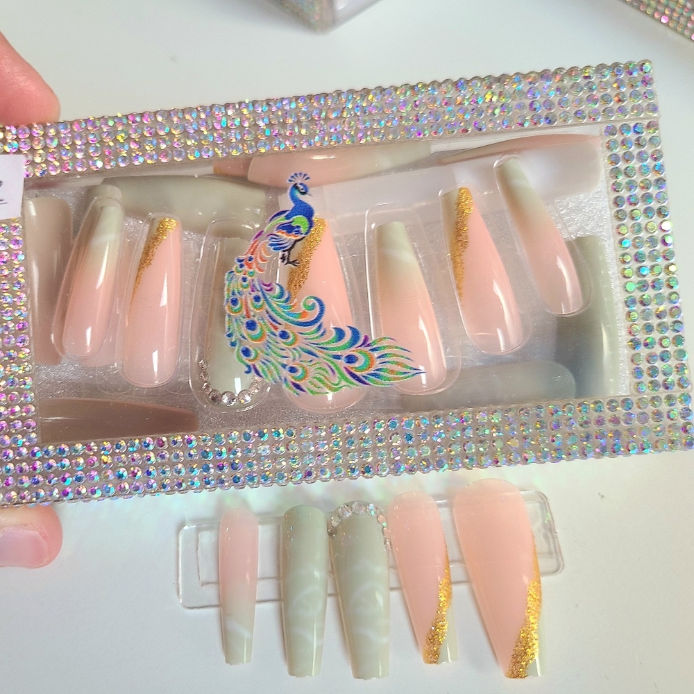 New Muted Green Nude glitter long presson nails with gems Rhinestones +g…
